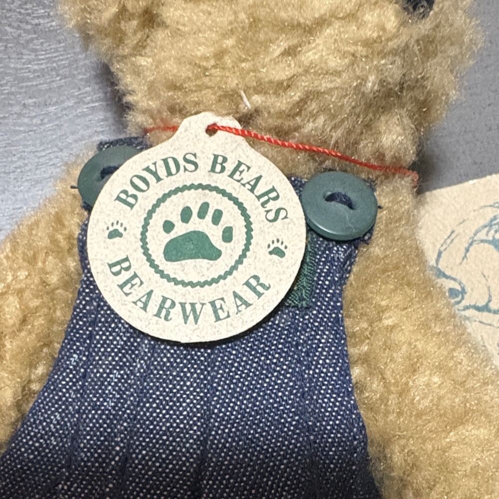 Boyds Bears Tan Teddy with Blue Overalls - Picture 3 of 3